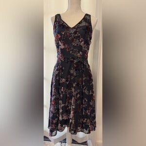Elegant White House Black Market Black and Red Floral Velvet High Low Gown Dress